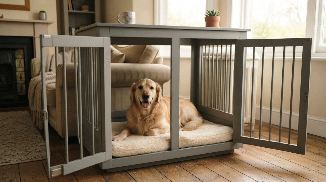 Grey furniture style dog crate with two open doors in a British living room with a golden retriever resting inside