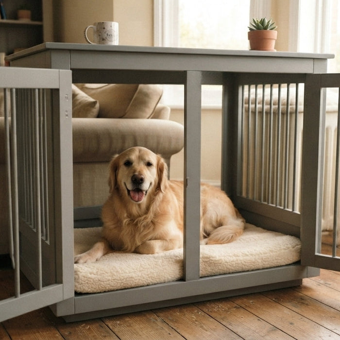 Grey furniture style dog crate with two open doors in a British living room with a golden retriever resting inside
