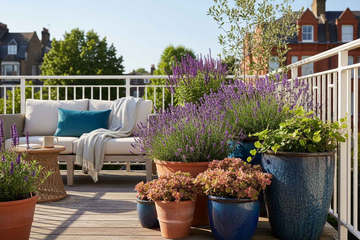 Lush drought-tolerant balcony container garden with lavender, sedum and salvia in glazed pots alongside a rainwater collection butt, UK outdoor living