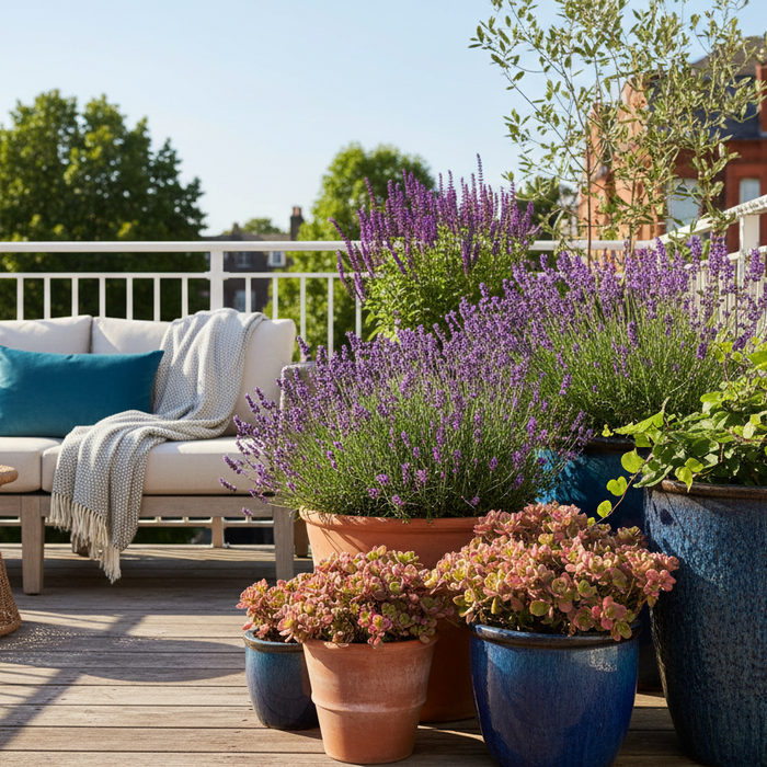 Lush drought-tolerant balcony container garden with lavender, sedum and salvia in glazed pots alongside a rainwater collection butt, UK outdoor living