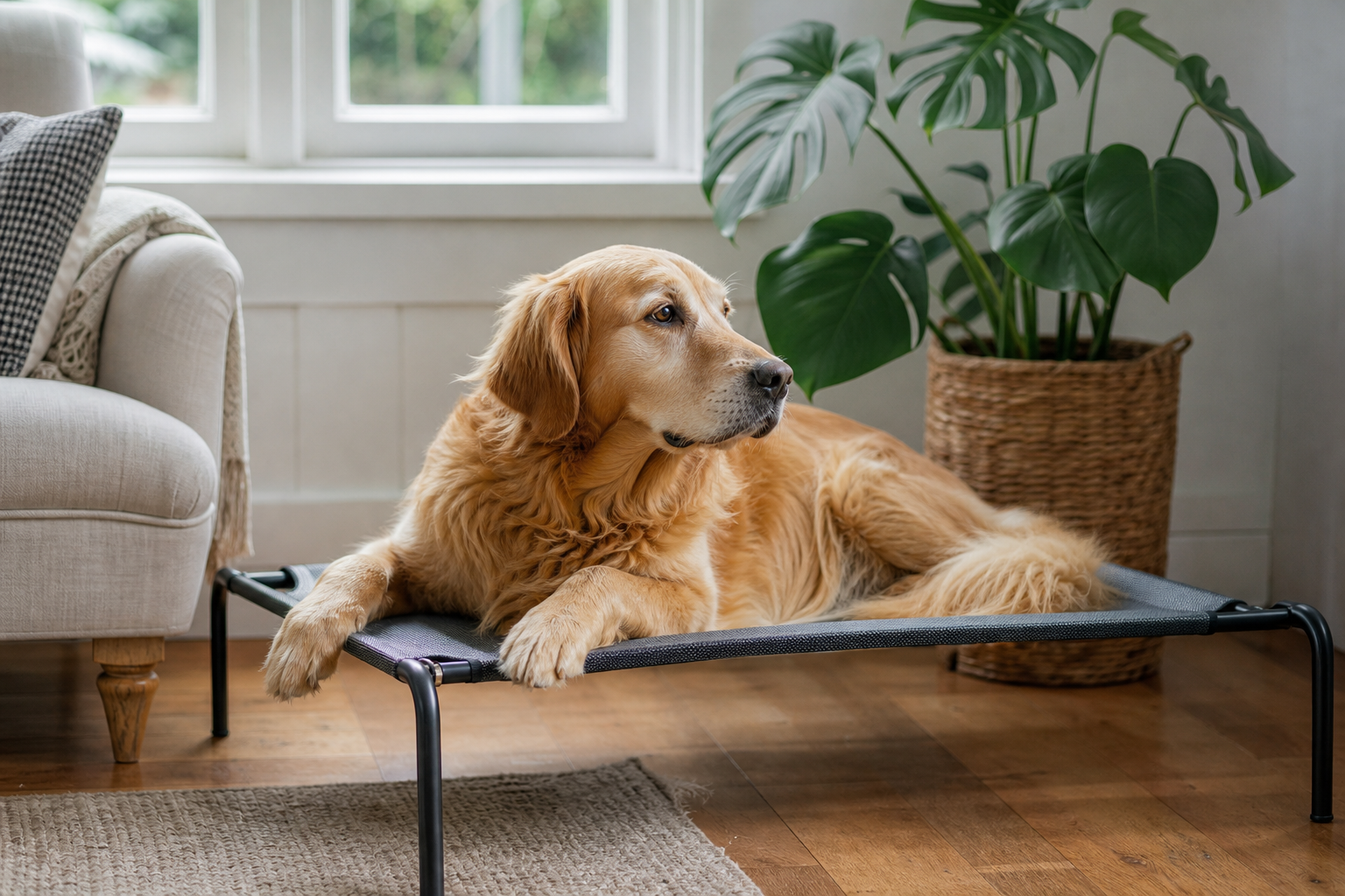Dog resting on a raised elevated mesh dog bed in a cosy UK living room