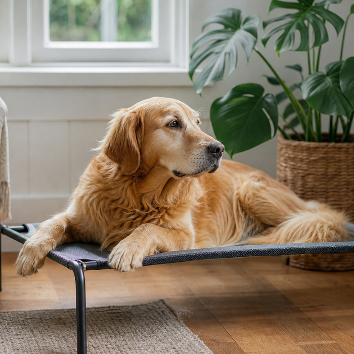 Dog resting on a raised elevated mesh dog bed in a cosy UK living room
