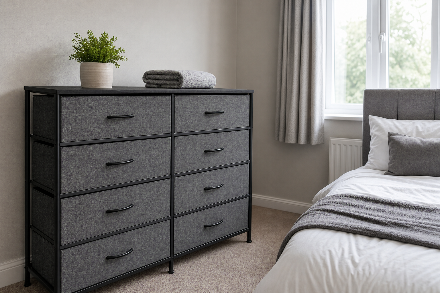 A grey fabric-drawer chest of drawers styled in a bright, tidy UK bedroom
