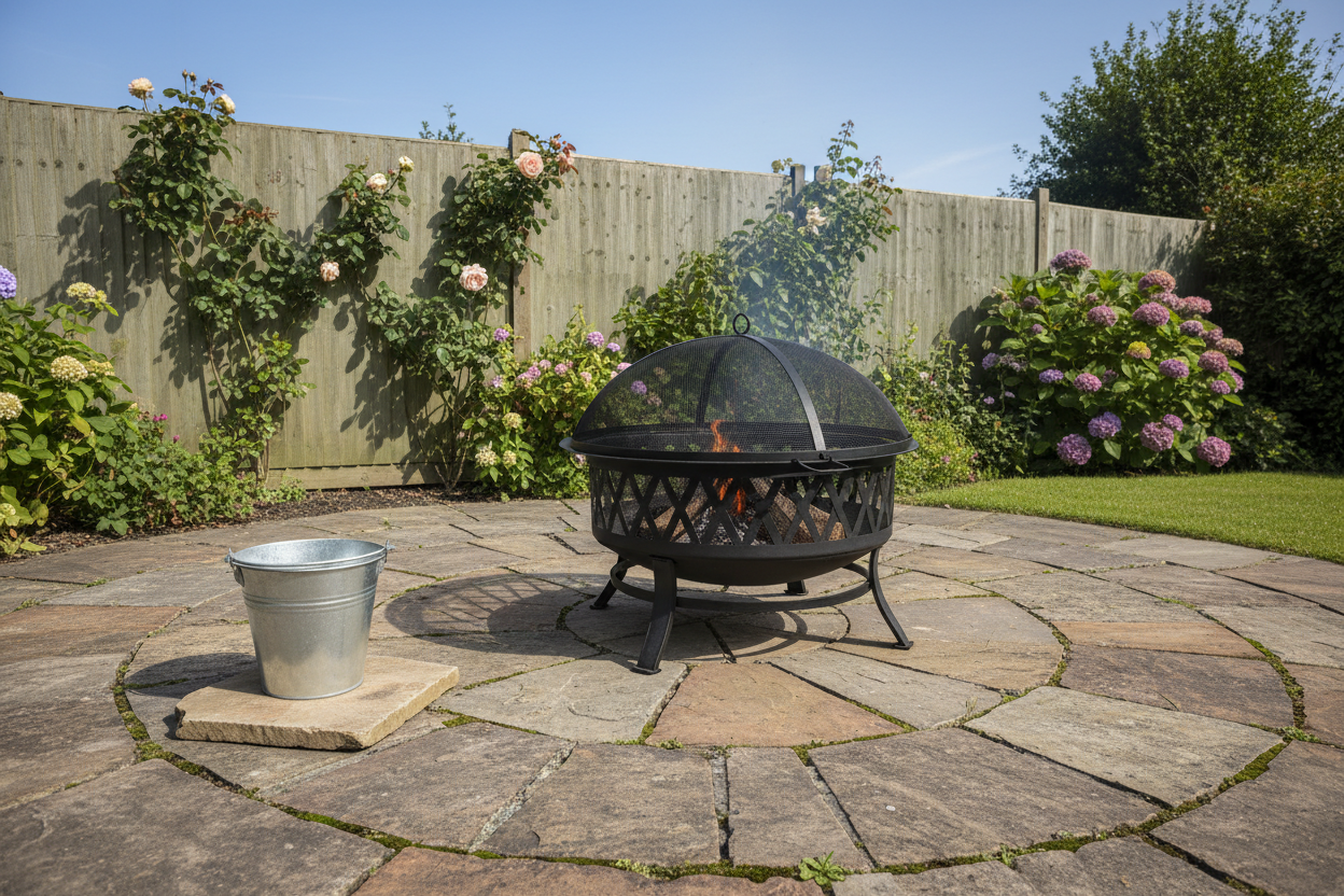 Garden fire pit with spark guard on a stone patio at a safe distance from a fence, bucket of water nearby, bright daylight