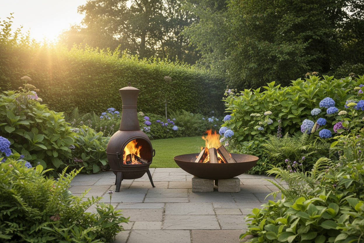 Cast iron chiminea and steel bowl fire pit side by side on a UK garden patio in warm evening light