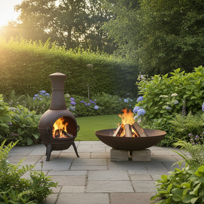 Cast iron chiminea and steel bowl fire pit side by side on a UK garden patio in warm evening light