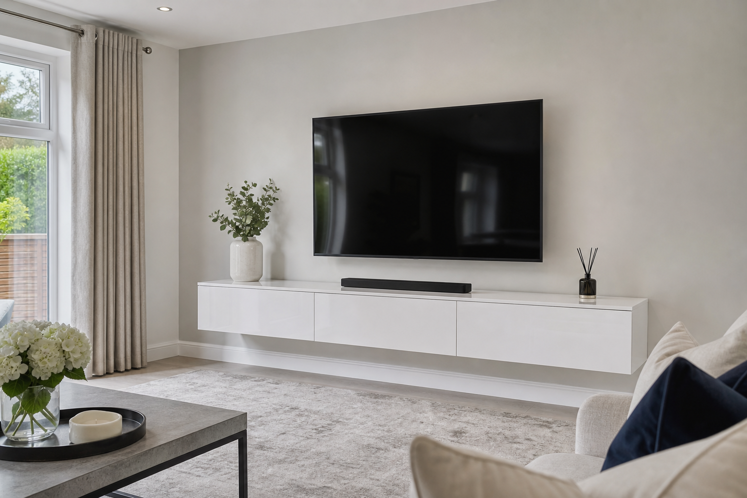 White floating wall-mounted TV unit below a mounted television in a bright contemporary UK living room