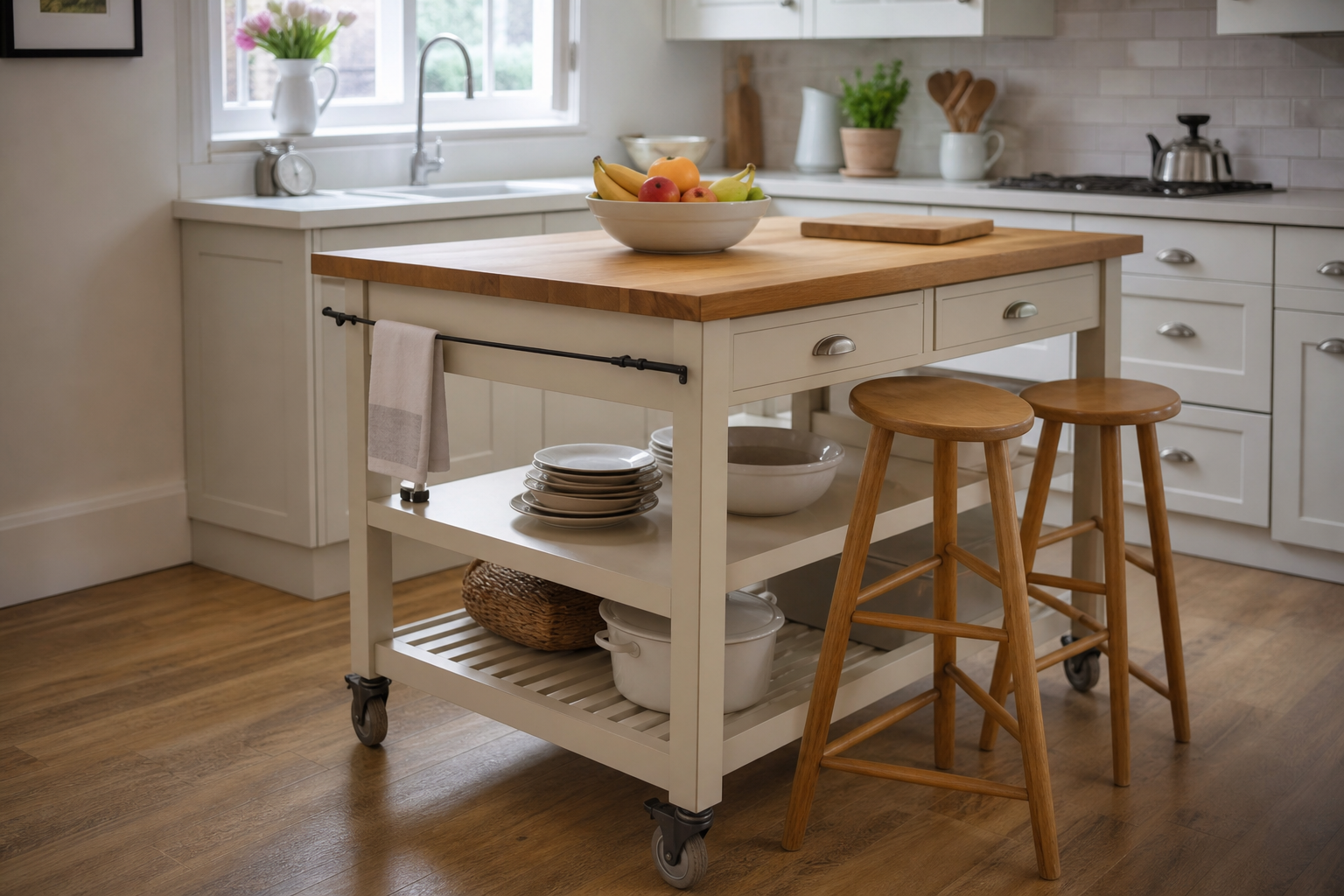 Freestanding wooden kitchen island trolley with bar stools in a bright UK kitchen
