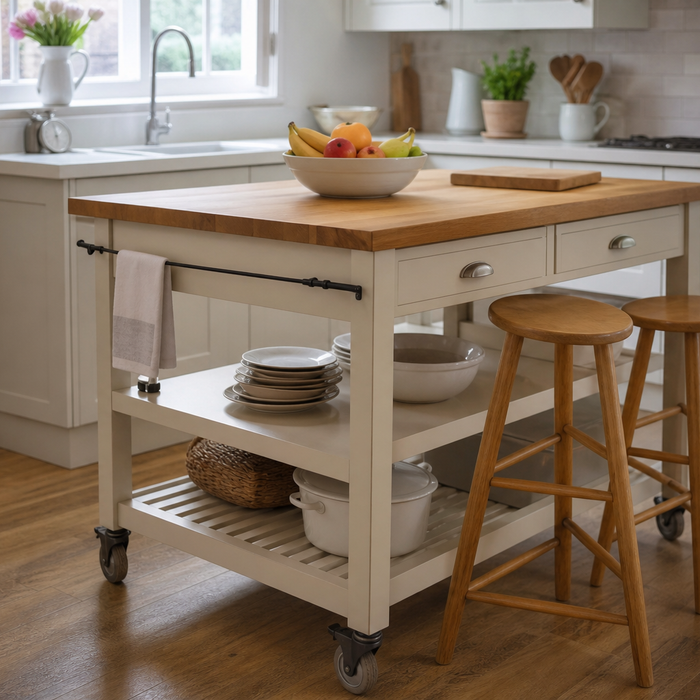 Freestanding wooden kitchen island trolley with bar stools in a bright UK kitchen