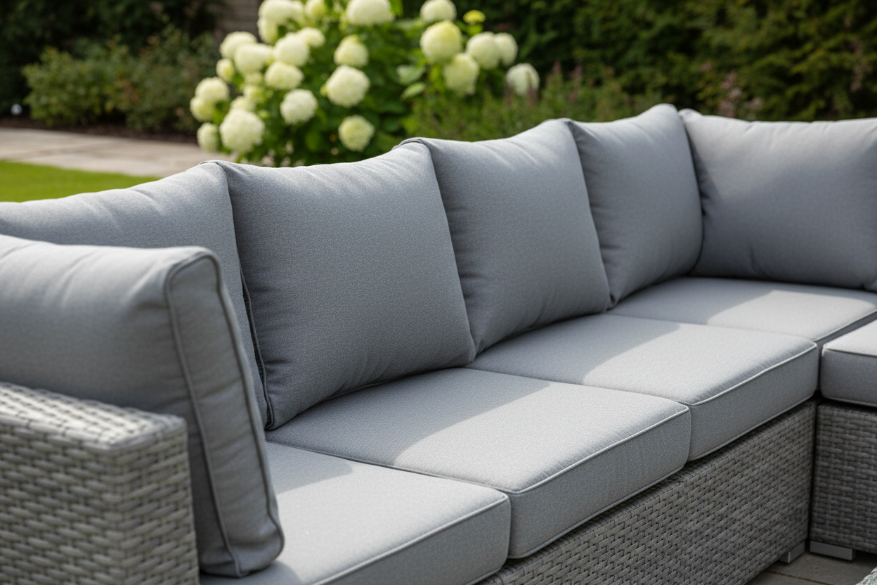 Fresh plump grey outdoor cushions neatly arranged on a grey PE rattan garden sofa in bright natural daylight