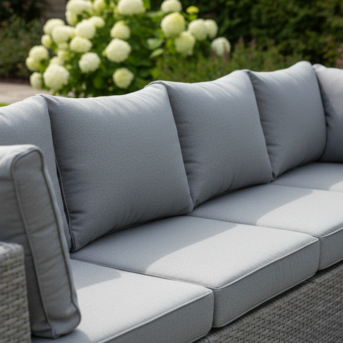 Fresh plump grey outdoor cushions neatly arranged on a grey PE rattan garden sofa in bright natural daylight