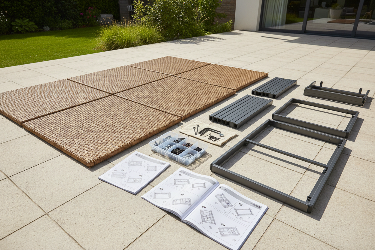 Flat-pack garden furniture components neatly laid out on a patio ready for assembly, including rattan panels, frame sections and fixings