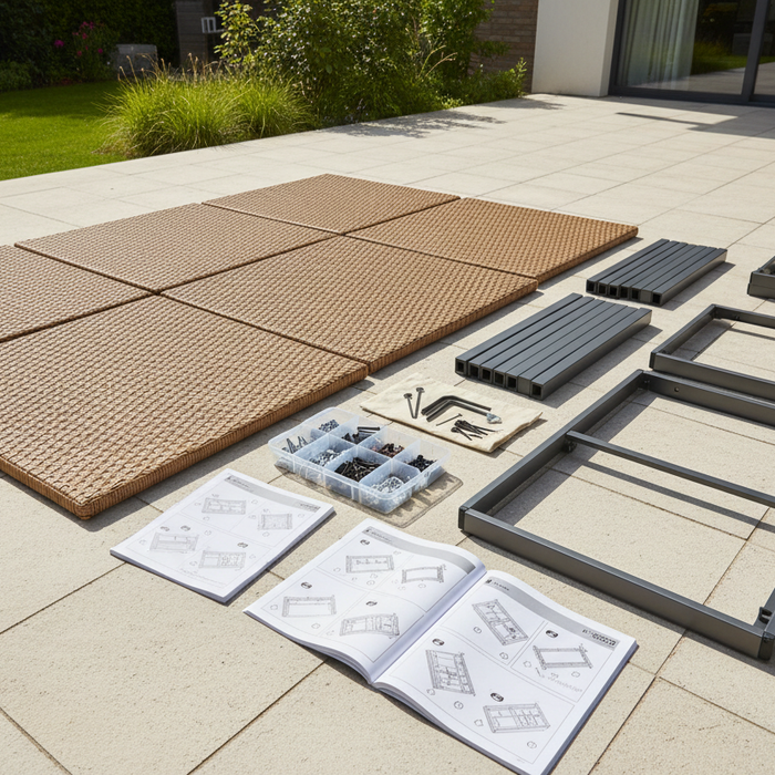 Flat-pack garden furniture components neatly laid out on a patio ready for assembly, including rattan panels, frame sections and fixings