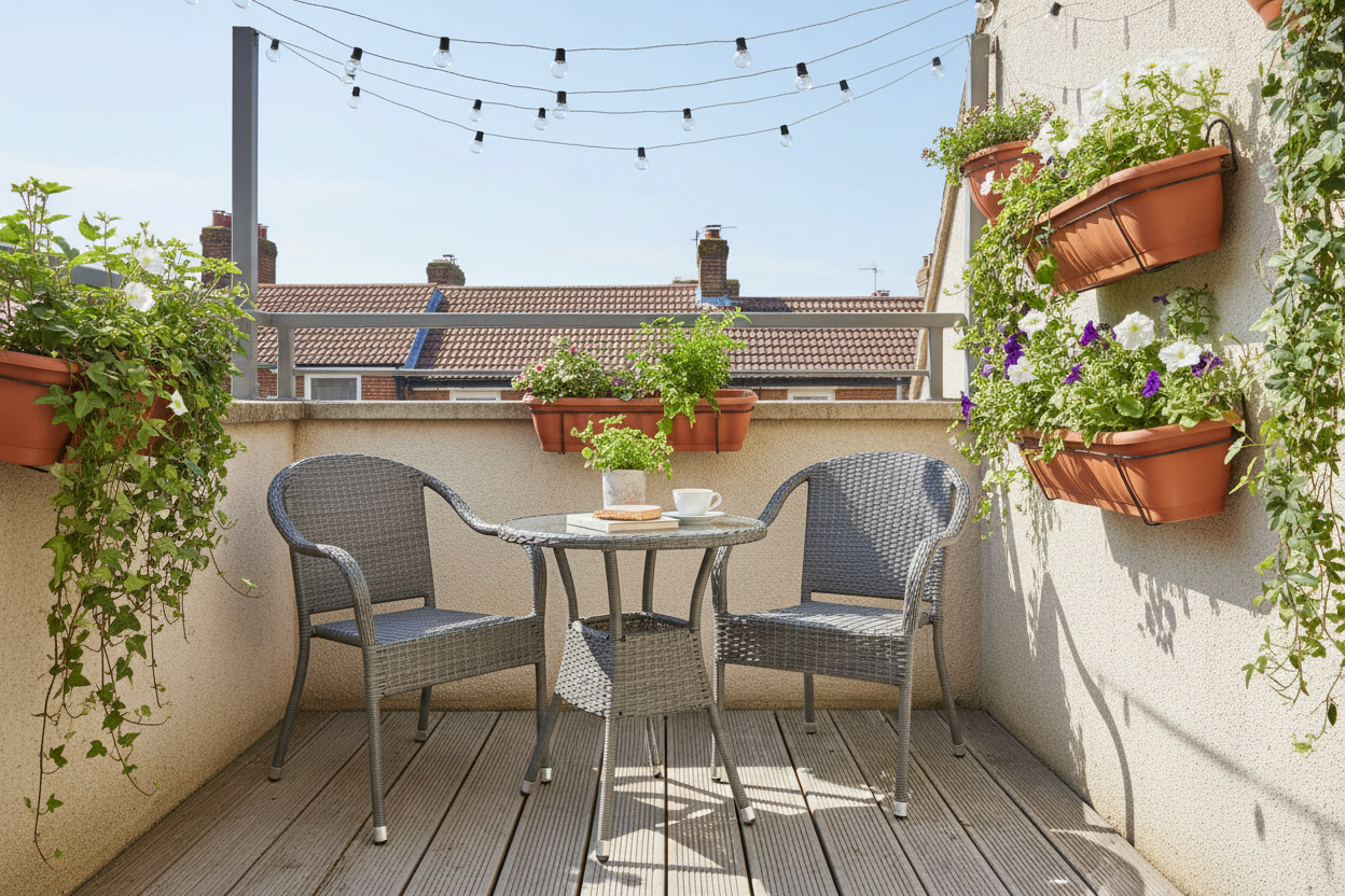 Compact grey PE rattan bistro set on a small sunny UK balcony with wall-mounted planters and string lights overhead