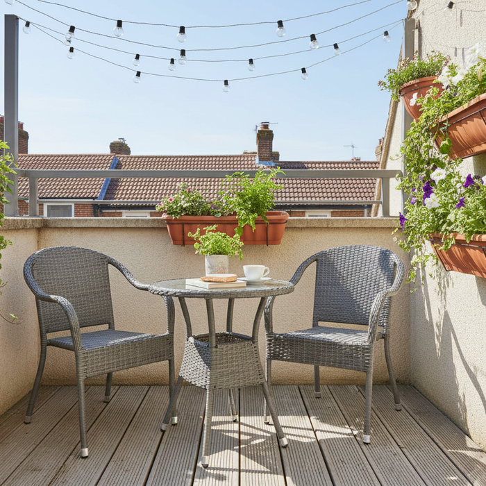 Compact grey PE rattan bistro set on a small sunny UK balcony with wall-mounted planters and string lights overhead