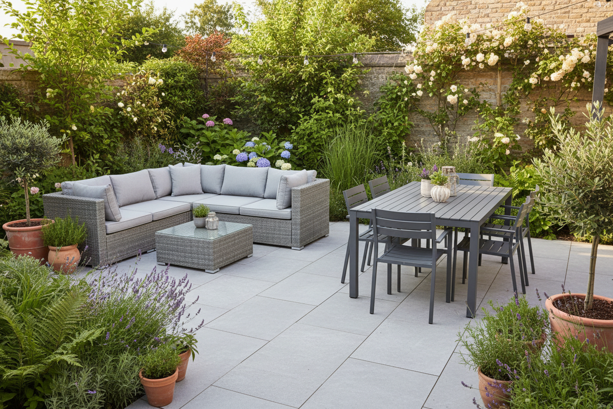 Grey PE rattan corner sofa set and aluminium dining table on a light grey porcelain patio with lush green planting, warm afternoon sunlight