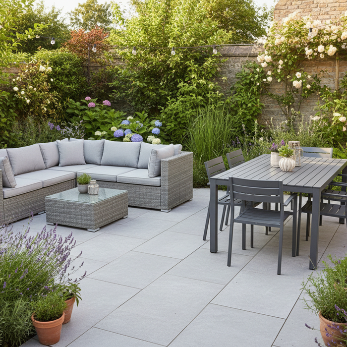 Grey PE rattan corner sofa set and aluminium dining table on a light grey porcelain patio with lush green planting, warm afternoon sunlight