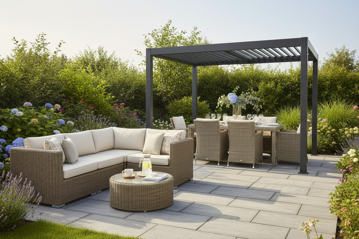 UK garden patio with rattan corner sofa in the foreground and a modern aluminium pergola shading a rattan dining set in the background, surrounded by lush planting on grey porcelain paving.