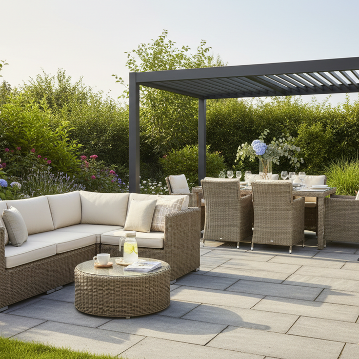 UK garden patio with rattan corner sofa in the foreground and a modern aluminium pergola shading a rattan dining set in the background, surrounded by lush planting on grey porcelain paving.