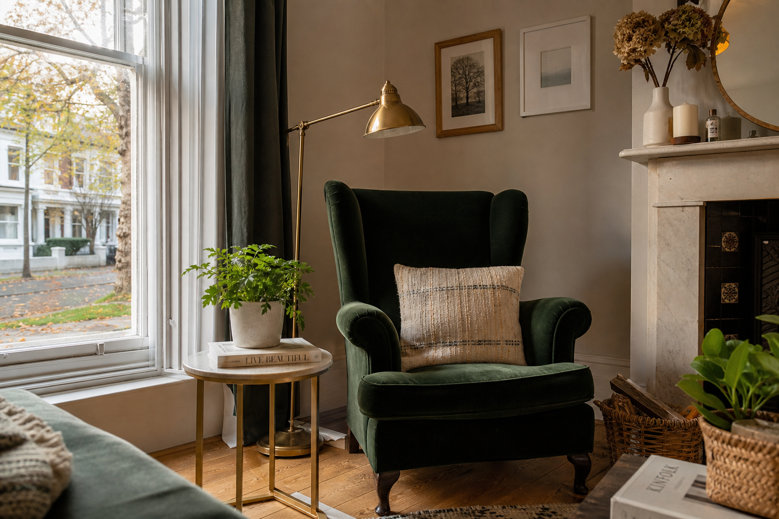 Dark green velvet wingback armchair styled in a UK living room corner