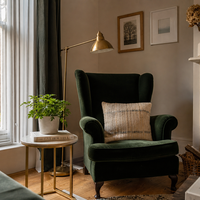 Dark green velvet wingback armchair styled in a UK living room corner