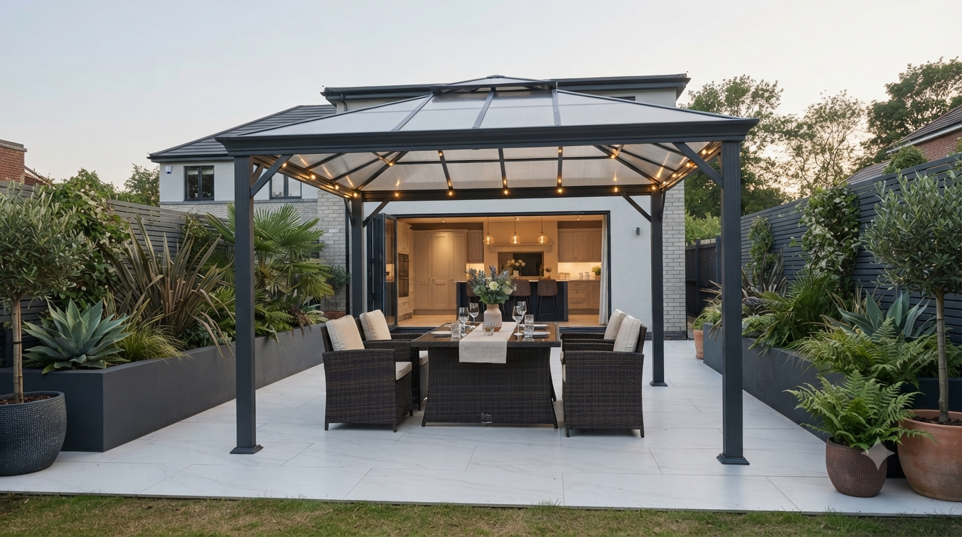 Grey aluminium hardtop gazebo on a porcelain patio with bi-fold doors and outdoor dining set