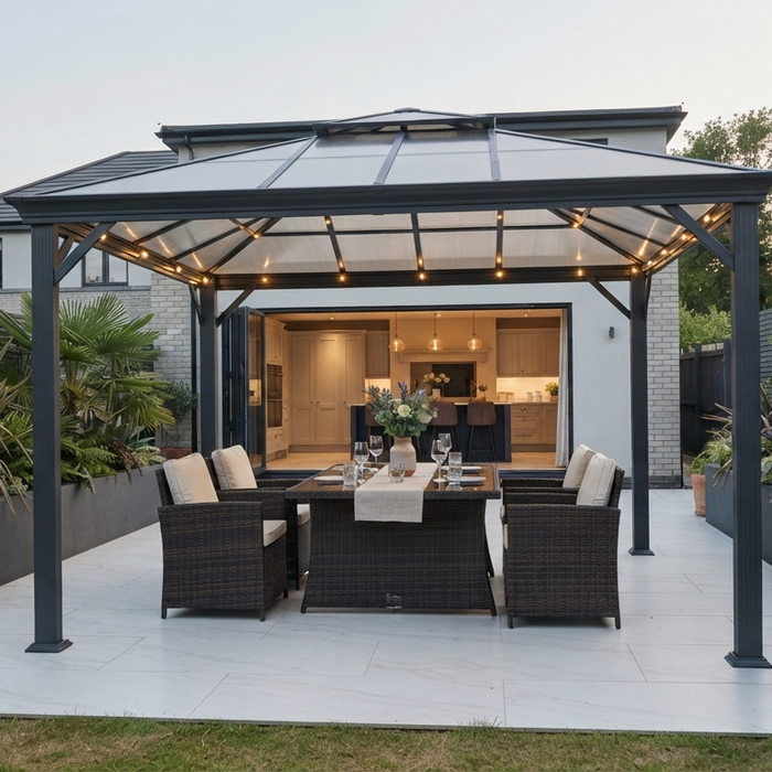 Grey aluminium hardtop gazebo on a porcelain patio with bi-fold doors and outdoor dining set