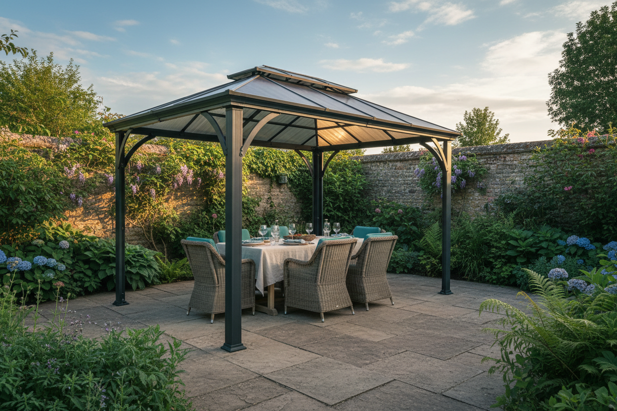 Hardtop gazebo with polycarbonate roof in a British garden setting — Opal Retail UK buying guide