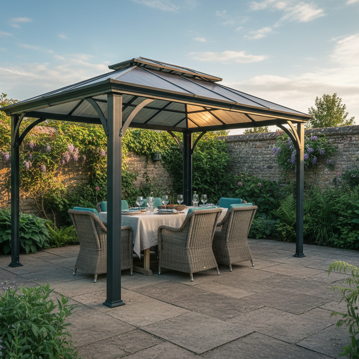 Hardtop gazebo with polycarbonate roof in a British garden setting — Opal Retail UK buying guide