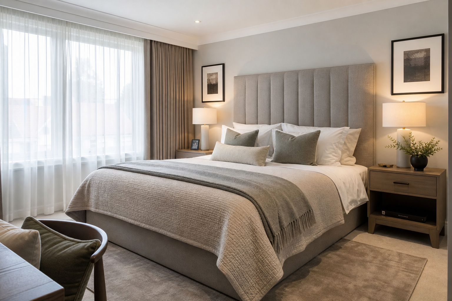 Bright UK bedroom styled with a grey upholstered headboard and layered neutral bedding for a hotel-style look