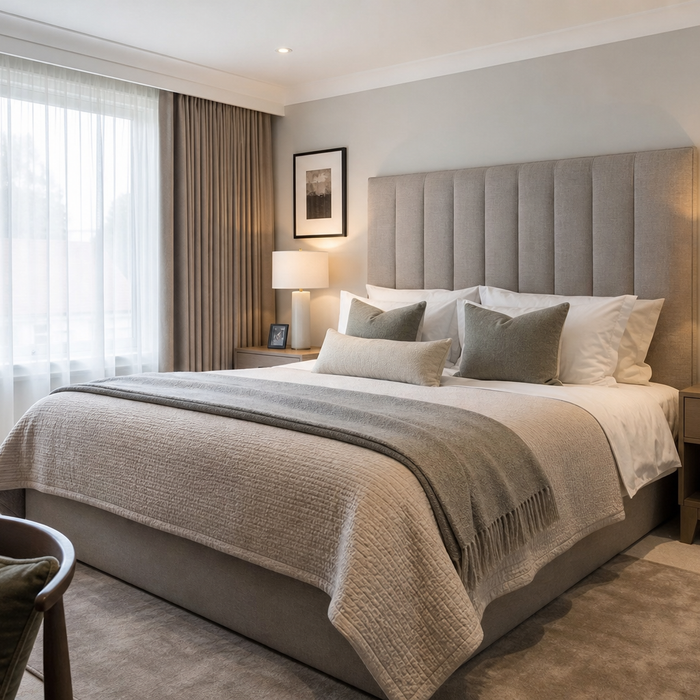 Bright UK bedroom styled with a grey upholstered headboard and layered neutral bedding for a hotel-style look