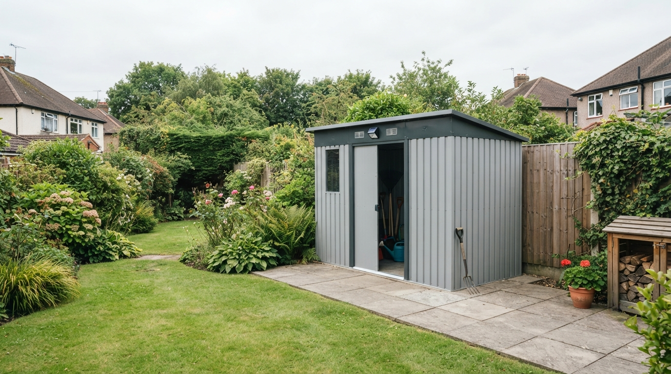 Large metal garden shed in a well-kept UK garden with timber fence and lawn