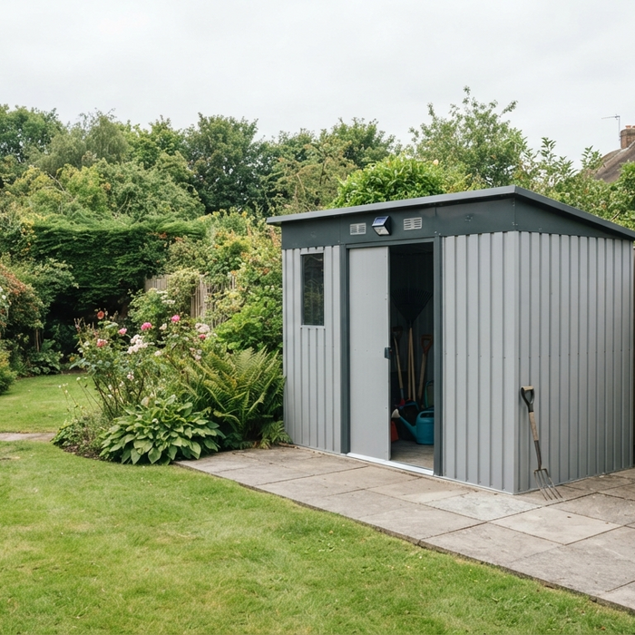 Large metal garden shed in a well-kept UK garden with timber fence and lawn