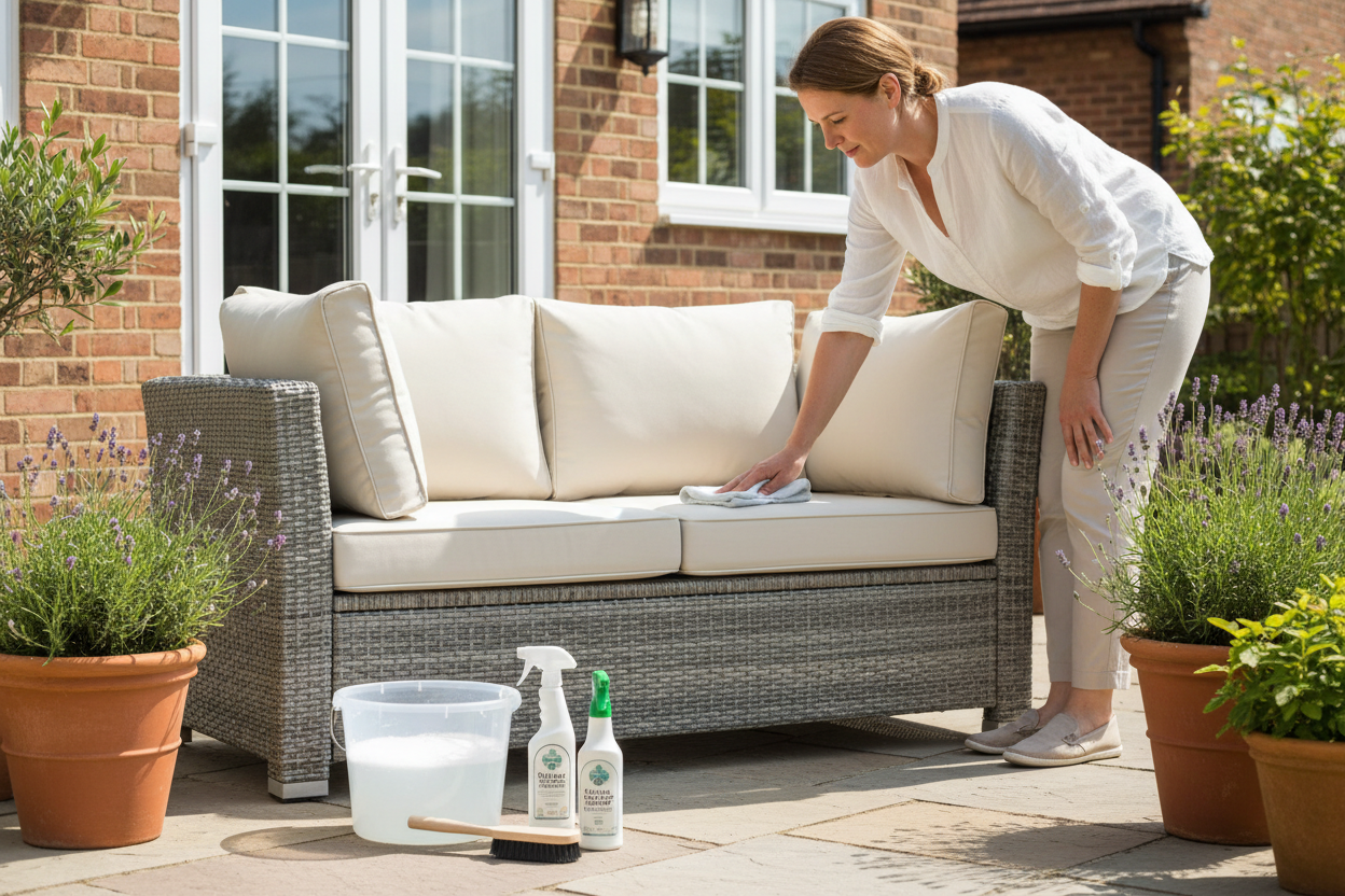 Person cleaning a grey PE rattan garden sofa with a soft cloth on a sunny UK patio