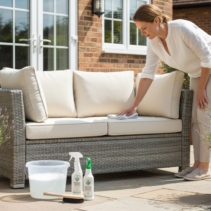Person cleaning a grey PE rattan garden sofa with a soft cloth on a sunny UK patio