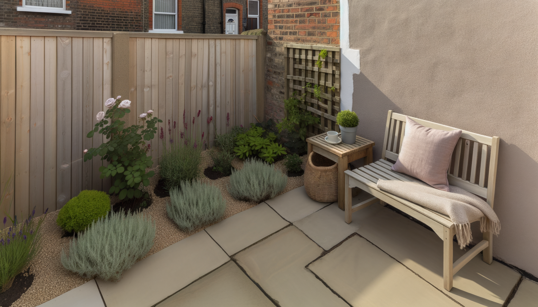 Pale Pink Garden Nook With Soft Colours And Natural Textures
