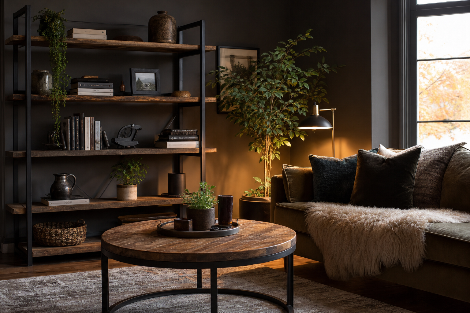 Industrial-style UK living room with black metal and rustic wood furniture styled for autumn