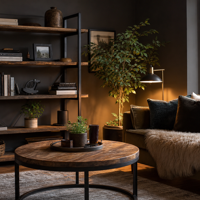 Industrial-style UK living room with black metal and rustic wood furniture styled for autumn
