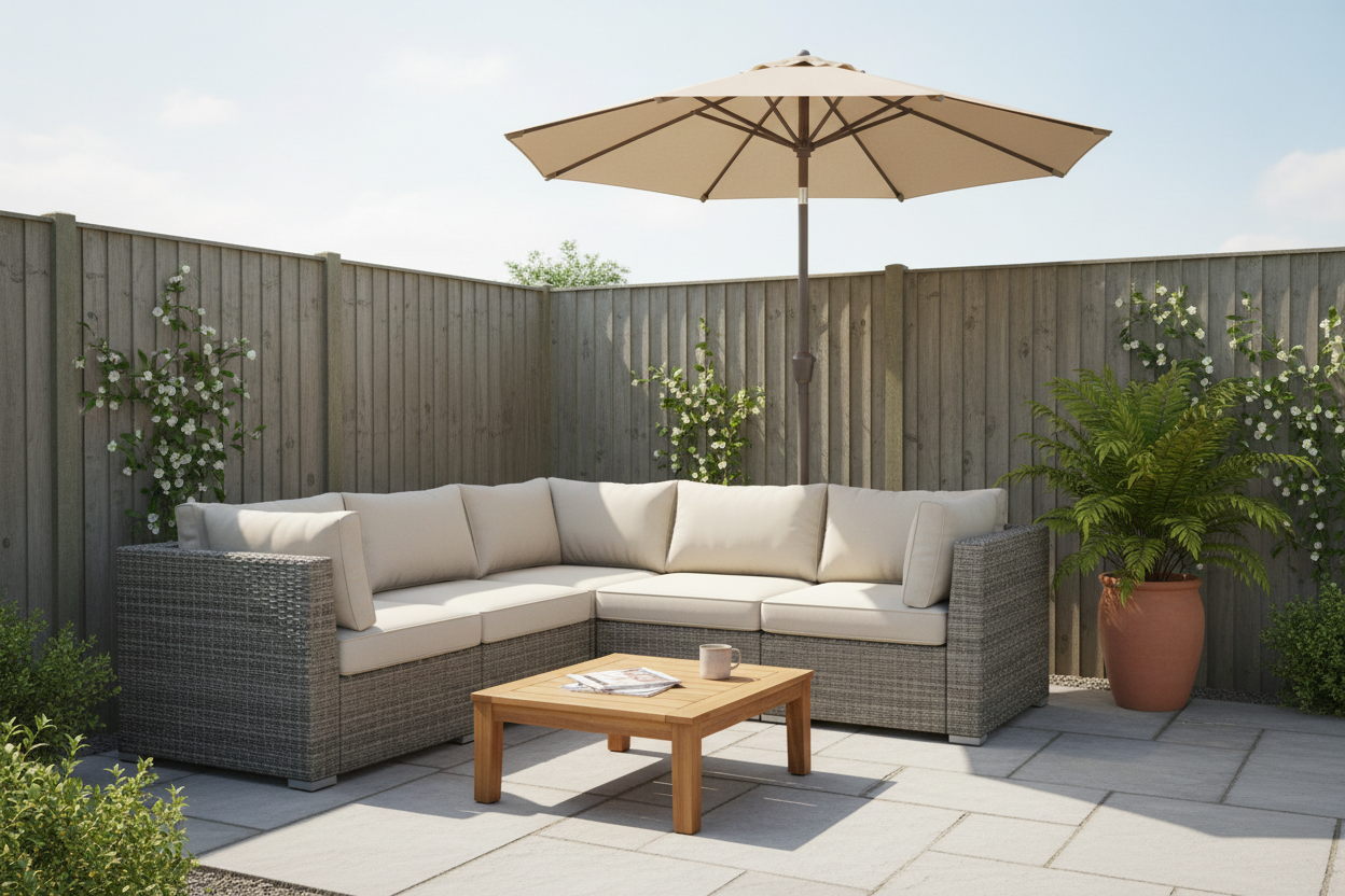 L-shaped modular rattan garden sofa with neutral cushions, low coffee table and compact parasol on a small bright UK patio with potted plants and grey paving