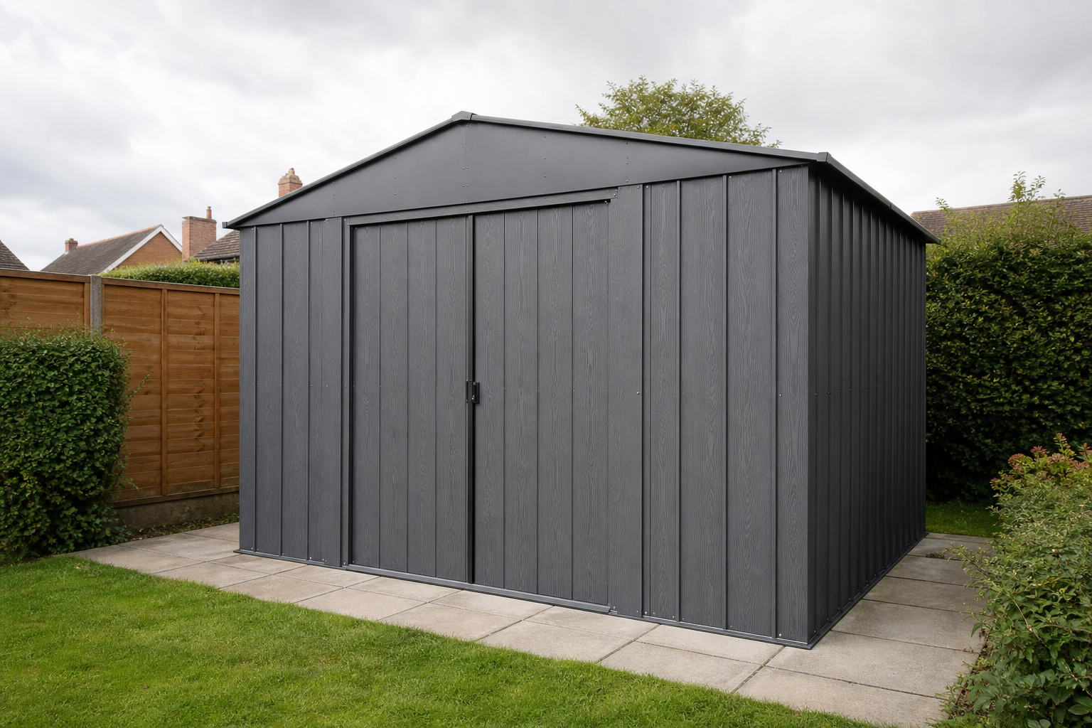 Large galvanised metal garden shed with double sliding doors in a UK back garden