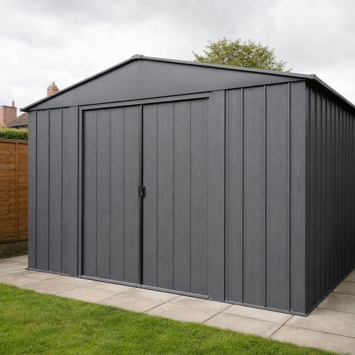Large galvanised metal garden shed with double sliding doors in a UK back garden