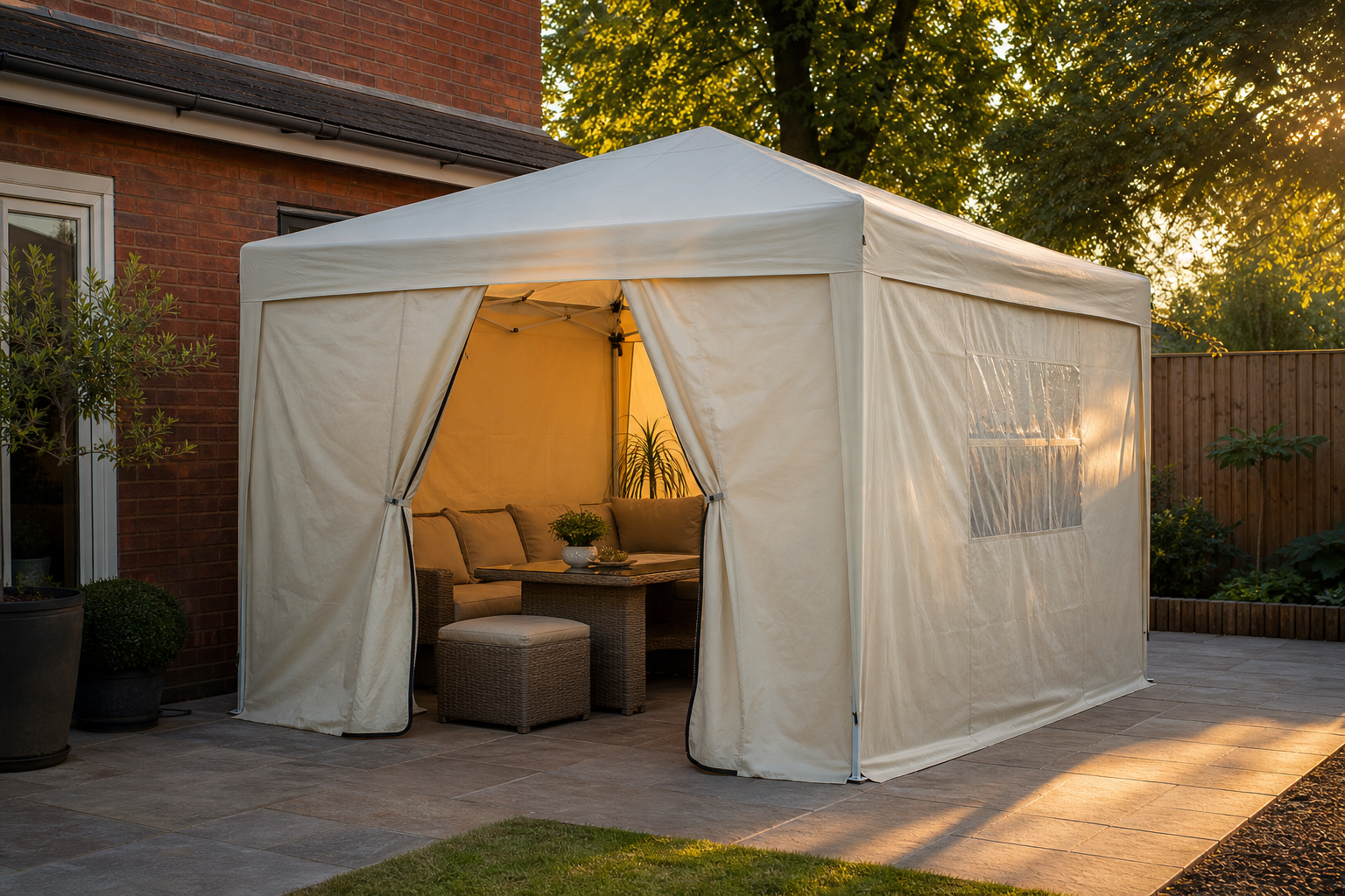 Large 3x6m pop-up garden gazebo with sides fully enclosed on a UK patio
