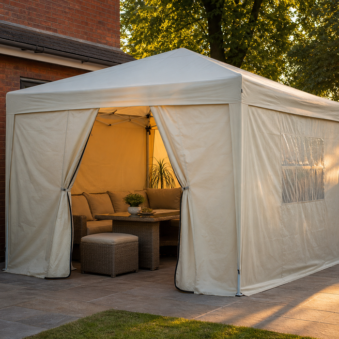 Large 3x6m pop-up garden gazebo with sides fully enclosed on a UK patio