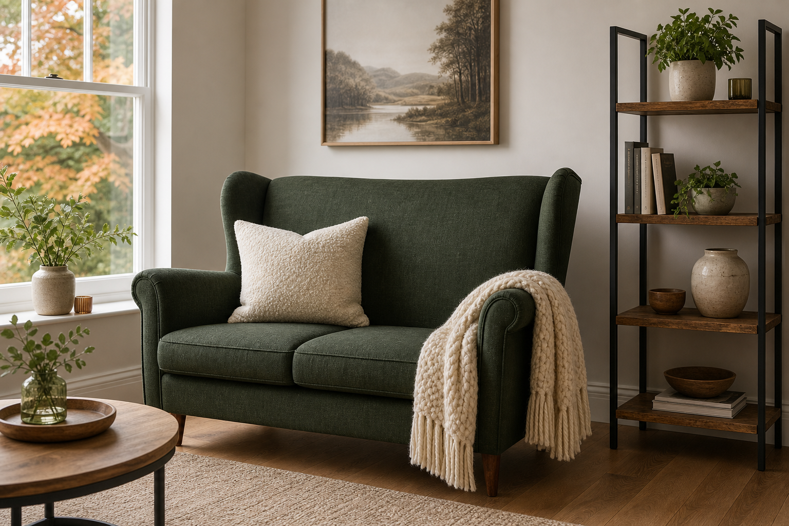 UK living room styled with a linen sofa, bouclé cushion, wool throw and a wood corner shelf, layering autumn textures