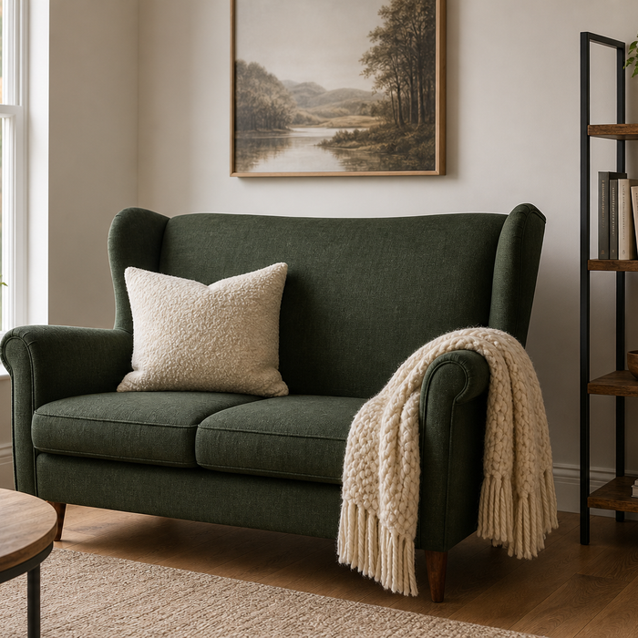 UK living room styled with a linen sofa, bouclé cushion, wool throw and a wood corner shelf, layering autumn textures