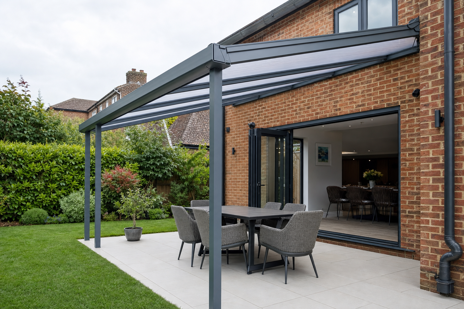 Wall mounted lean-to pergola with polycarbonate roof attached to a house wall over a patio