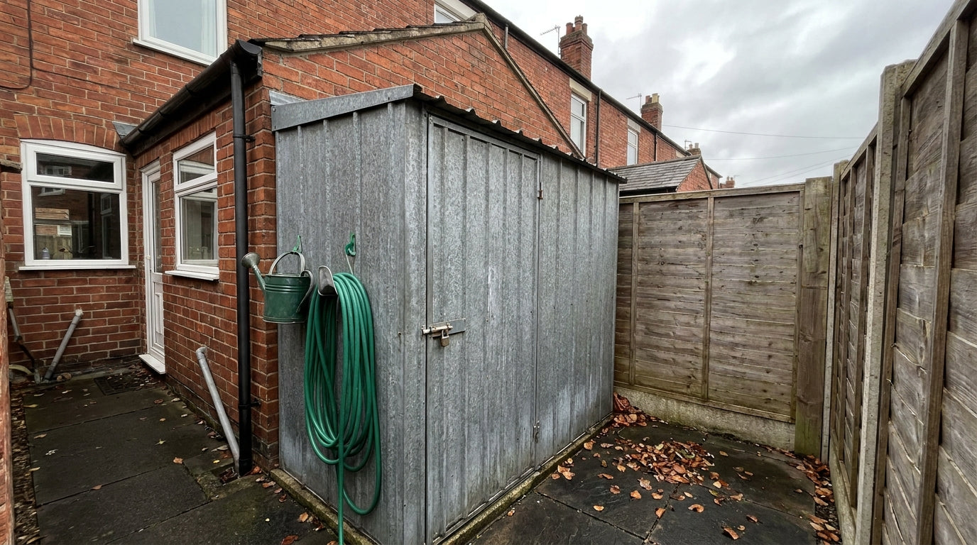 Grey metal lean-to garden shed fitted against a house wall in a narrow UK side return