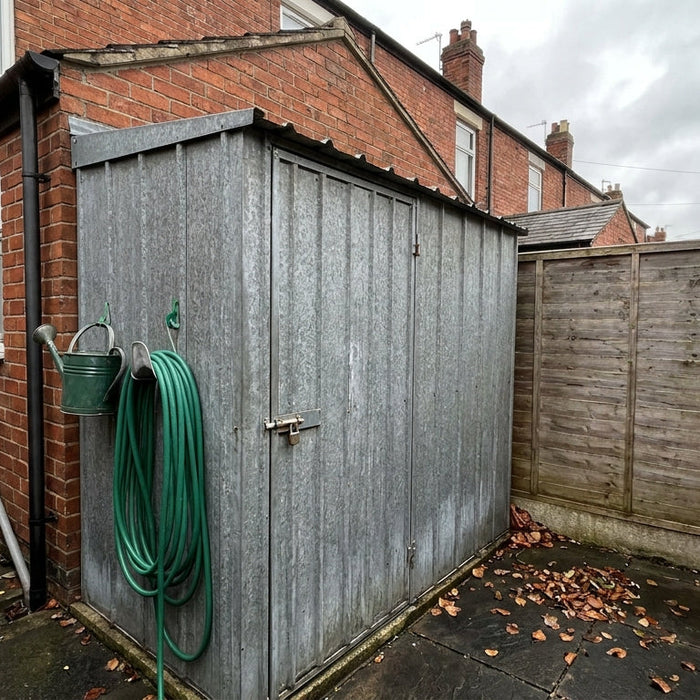 Grey metal lean-to garden shed fitted against a house wall in a narrow UK side return