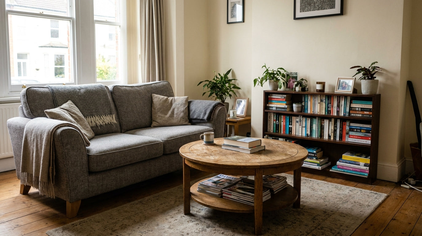 UK living room with a correctly sized sofa, coffee table and bookcase arranged with clear walking space