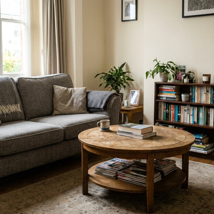 UK living room with a correctly sized sofa, coffee table and bookcase arranged with clear walking space